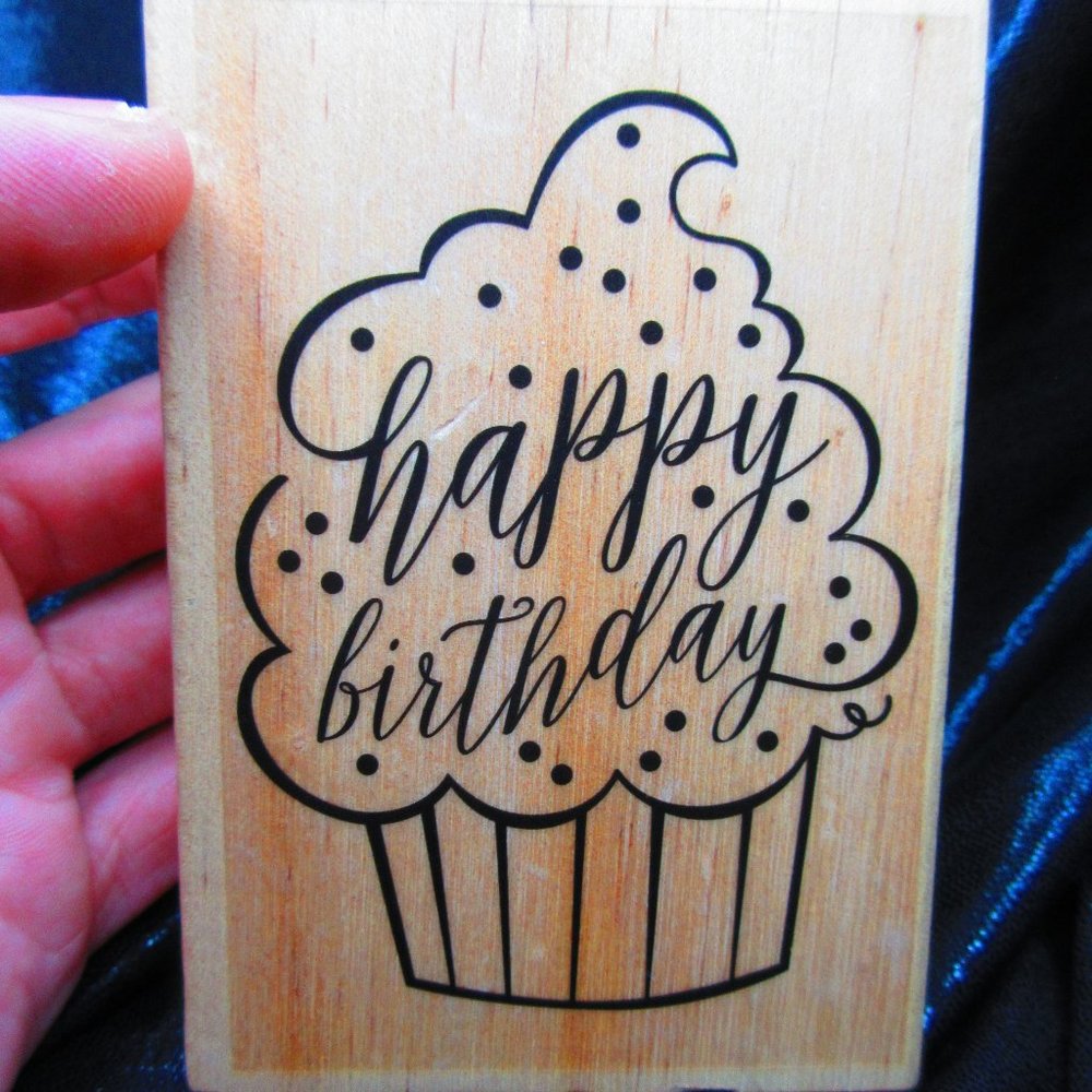 Happy Birthday Wood Mounted Stamp 4" x 2.75"